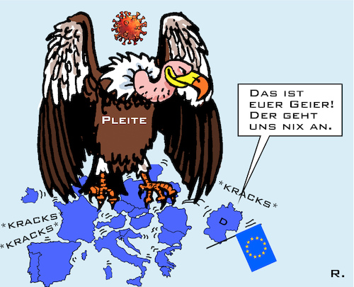 Cartoon: Gemeinsam? (medium) by RachelGold tagged covid19,krise,wirtschaftskrise,eu,eurobonds,krisenmanagement,kooperation,gemeinsam,spaltung,geier,pleite
