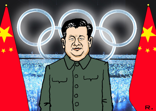 Cartoon: Olympische Heiligsprechung (medium) by RachelGold tagged olympia,2022,peking,xi,jinping,kpc,ringe,heiligenschain