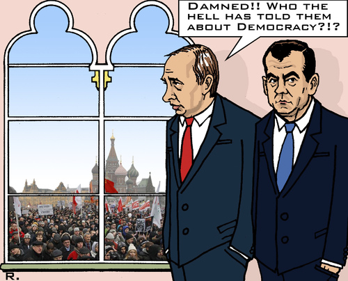 Cartoon: Russian Spring? (medium) by RachelGold tagged democracy,election,russian,medwedew,putin,protesters,moscow