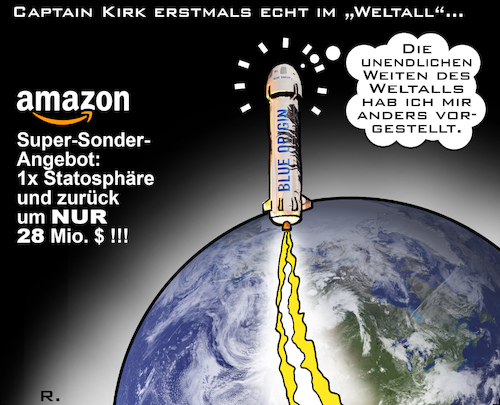 Cartoon: Star-Dreck? (medium) by RachelGold tagged raumfahrt,blue,origin,amazon,jeff,bezos,shuttle,raumfähre,stratosphäre,william,shatner,captain,kirk,raumschiff,enterprise,raumfahrt,blue,origin,amazon,jeff,bezos,shuttle,raumfähre,stratosphäre,william,shatner,captain,kirk,raumschiff,enterprise