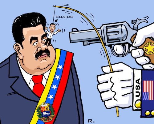 Cartoon: Tanz auf der Nase (medium) by RachelGold tagged venezuela,usa,regime,change,trump,guaido,maduro,puppet,threat,war,oil