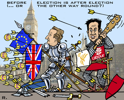 Cartoon: UK Election Battle (medium) by RachelGold tagged uk,election,parties,tories,labour,liberals,ukip,cameron,miliband