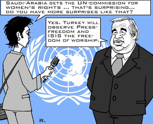 Cartoon: UN-Politics (medium) by RachelGold tagged uno,guterres,saudiarabia,womens,rights