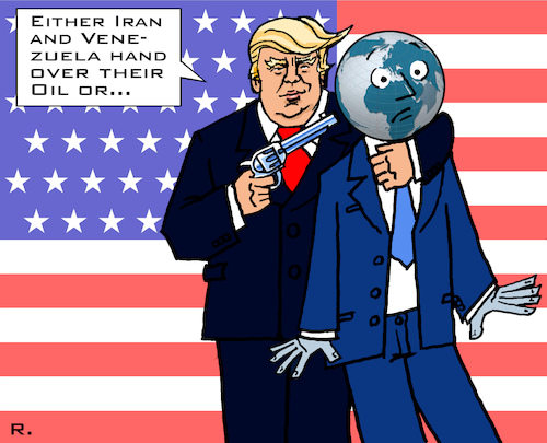 Cartoon: US Foreign Policy (medium) by RachelGold tagged usa,foreign,policy,iran,venezuela,middle,east,syria,irak,libya,afghanistan,latin,america,trump,petroleum,oil,world,war,russia