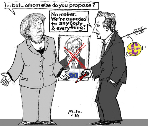 Cartoon: Consistent Cameron (medium) by MarkusSzy tagged eu,commission,presidency,germany,uk,merkel,cameron,juncker,ukip