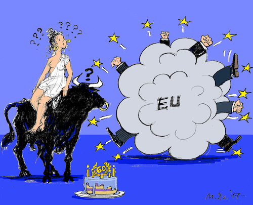 Cartoon: EU Birthday Party (medium) by MarkusSzy tagged eu,60,years,anniversary,rome,europe,bull,birthdaycake,fight,cloud
