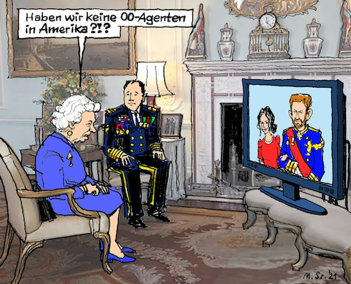 Cartoon: Harry und Meghan TV-Show (medium) by MarkusSzy tagged uk,gb,england,royals,queen,elizabeth,harry,meghan,us,tv,ophra,show,interview,skandal