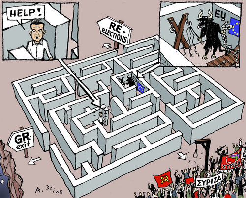 Cartoon: In King Minos Labyrinth? (medium) by MarkusSzy tagged greece,eu,dept,crisis,tsipras,syriza,minos,monotaurus,labyrinth,grexit