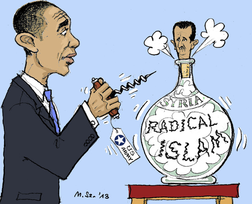Cartoon: Jinn in a Bottle (medium) by MarkusSzy tagged syria,usa,obama,assad,radical,islam