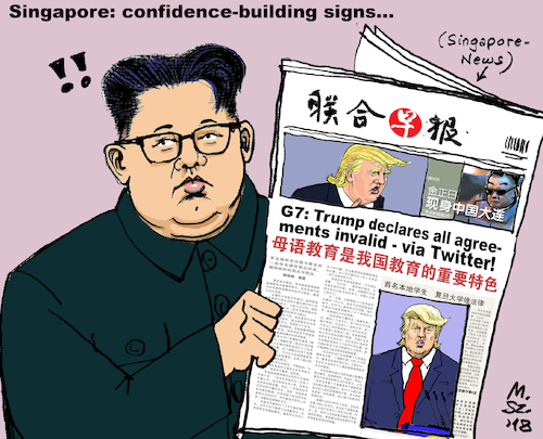 Cartoon: Singapore-Summit (medium) by MarkusSzy tagged g7,summit,singapore,usa,northern,korea,trump,kim,jong,un,agreements