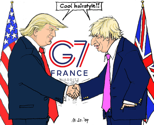 Cartoon: Trump meets Johnson at G7 (medium) by MarkusSzy tagged g7,france,usa,uk,trump,johnson,hairstyle