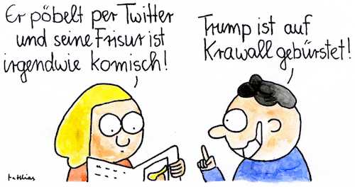 Cartoon: Verhalten und Frisur (medium) by Matthias Schlechta tagged trump,usa,handelsstreit,amerika,europa,präsident,twitter,trump,usa,handelsstreit,amerika,europa,präsident,twitter