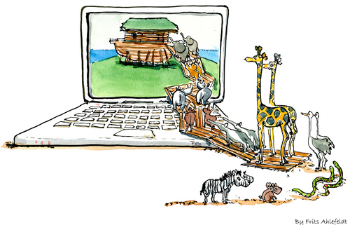 Cartoon: The new i-ark... (medium) by Frits Ahlefeldt tagged animals,apple,imac,conservation,biology,wildlife,sustainability,biodiversity,ahlefeldt,elephants,giraffe,ark