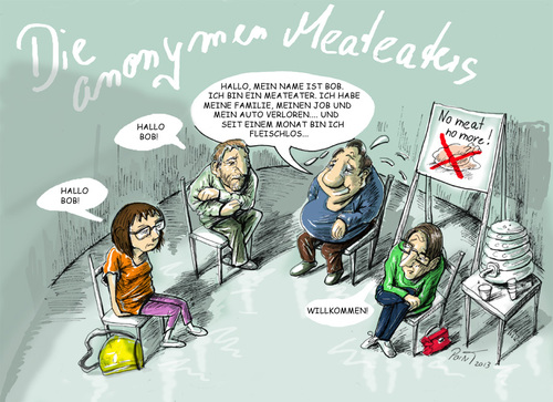 Cartoon: Die anonymen Meateaters (medium) by Parallelallee tagged veganismus,vegan,vegetarisch,fleischkonsum,nahrung,gesundheit,krankheit,selbsthilfegruppe