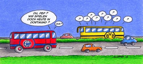 Cartoon: Auswärtsspiel (medium) by Jupp tagged bayern,münchen,bvb,dortmund,bus,fussball,bundesliga,cartoon,jupp