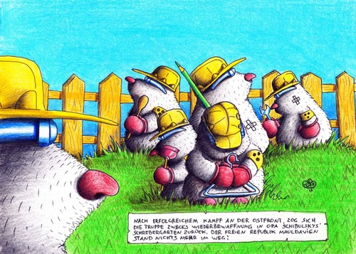 Cartoon: Maulwurf for freedom (medium) by Jupp tagged kampf,vertreiben,ausrotten,bekämpfung,bekämpfen,armee,truppe,waffen,soldaten,veteranen,umwelt,hügel,gang,bau,tunnel,graben,zaun,wiese,bomm,jupp,krieg,wars,garden,garten,blind,brille,helm,mole,maulwurf