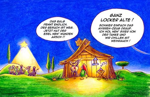 Cartoon: Wie es wirklich war... (medium) by Jupp tagged jupp,cartoon,weihrauch,könige,jesus,maria,josef,krippe,weihnachten
