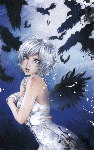Cartoon: Krähen Coverillustration (medium) by Marie Sann tagged cover,krähen,crows,manga,pencil,colour,color,blue,ice,girl,sexy,fantasy,woman,pose,mystic,comic,tokyopop