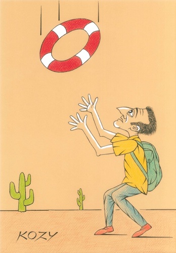 Cartoon: News from the Future (medium) by kozyurt tagged immigrant,desert,cactus,lifebuoy