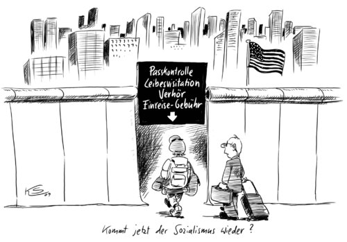 Cartoon: Einreise (medium) by Stuttmann tagged usa,einreisegebühern,sozialismus,usa,einreisegebühren,sozialismus,auswandern,einwandern,verhör,kontrolle,sicherheit,vorsicht,einreise,gebühren