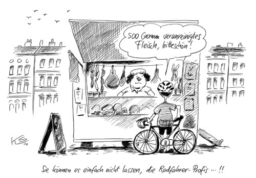 Cartoon: Fleisch (medium) by Stuttmann tagged verunreinigtes,fleisch,radfahrer,doping,verunreinigtes fleisch,radfahrer,doping,drogen,sport,imbiss,imbiß,essen,nahrung,lebensmittel,fleisch,verunreinigtes