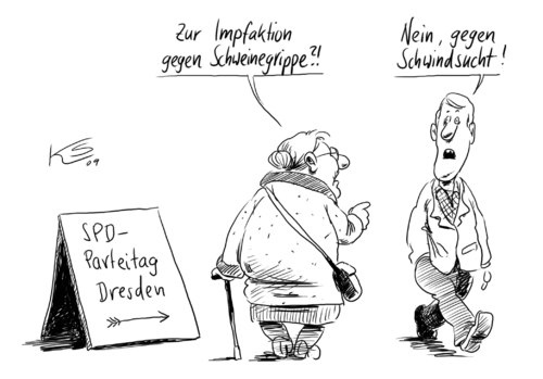 Cartoon: Schwindsucht (medium) by Stuttmann tagged schwinegrippe,h1n1,impfung,schutzimpfung,spd,parteitag,dresden,schweinegrippe,h1n1,impfung,schutzimpfung,spd,parteitag,dresden,gesundheit,virus,krankheit