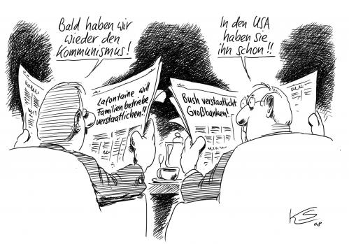 Cartoon: Verstaatlichung (medium) by Stuttmann tagged lafontaine,oskar,linkspartei,verstaatlichung,kommunismus,familienbetriebe,bush,usa,banken,bankenkrise,finanzkrise,finanzmärkte,verstaatlichung,staat,privatisierung,kommunismus,linkspartei,partei,familienbetrieb,betrieb,usa,george bush,bankenkrise,wirschaftskrise,finanzkrise,finanzmarkt,finanzen,krise,pleite,bankrott,oskar lafontaine,wirtschaft,banken,bank,geld,bankensterben,aussterben,fusion,wirtschaftskrise,kredite,kredit,wall street,lehman brothers,finanzinstitut,institut,bank of america,deutsche bank,credit suisse,ubs,barclays,morgan stanley,citibank,goldman sachs,jpmorgan,merrill lynch,katastrophe,notenbank,wall,street,lehman,brothers,of,america,deutsche,credit,suisse,morgan,stanley,goldman,sachs,merrill,lynch,zentralbank,rezession,konkurs,anlagen,anleger,aktienmarkt,aktien,börse,geldanlagen,george,bush,oskar,lafontaine