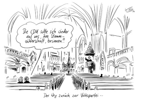 Cartoon: Volkspartei (medium) by Stuttmann tagged volkspartei,cdu,stammwähler,kirche,volkspartei,cdu,stammwähler,kirche,wahl,wahlen,glaube,religion,parteien