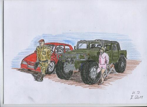 Cartoon: moderne Zeiten - modern times (medium) by tobelix tagged tobelix,working,powerwoman,berufstätig,frau,militär,man,mann,cinquecento,hummer,times,modern,zeiten