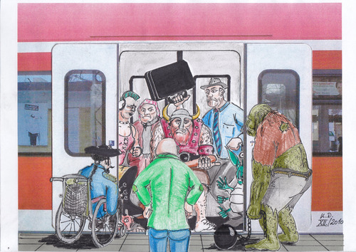 Cartoon: S-Bahn Haltestelle (medium) by tobelix tagged tobelix,out,get,aussteigen,enter,einsteigen,stubborn,unnachgiebig,fronten,stop,halt,train,metro,subway,sbahn