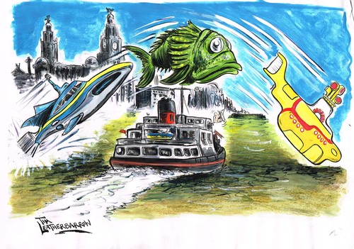 Cartoon: LIVERPOOLS RIVER MERSEY (medium) by Tim Leatherbarrow tagged river,mersey,ferry,yellow,submarine,stingray,beatles