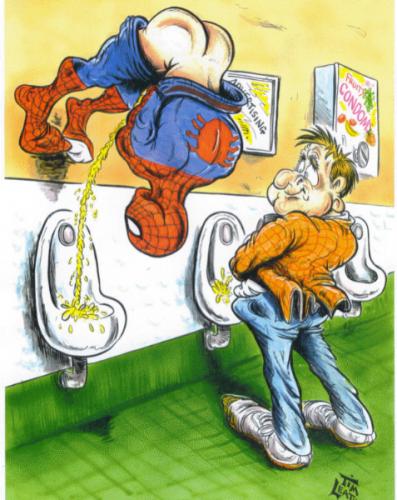 Cartoon: SUPEEHEROES (medium) by Tim Leatherbarrow tagged superheroes,spiderman,comics,spiders,toilets,urinals,walls,tim,leatherbarrow