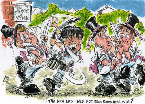 Cartoon: THE MORRIS DANCERS (medium) by Tim Leatherbarrow tagged morris,dancer,chinese,martial,arts,nunchukas,tradition,england