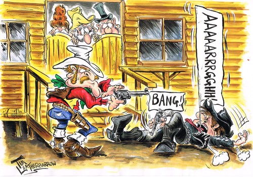 Cartoon: THE TOY GUNFIGHT AT OK CORAL! (medium) by Tim Leatherbarrow tagged cowboys,wildwest,gunfight,okcoral,saloon