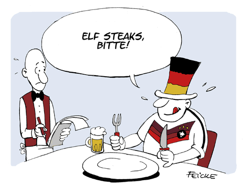 Cartoon: Appetit (medium) by FEICKE tagged wm,fussball,weltmeisterschaft,finale,brasilien,argentinien,deutschland,essen,restaurant,fan,feicke,wm,fussball,weltmeisterschaft,finale,brasilien,argentinien,deutschland,essen,restaurant,fan,feicke