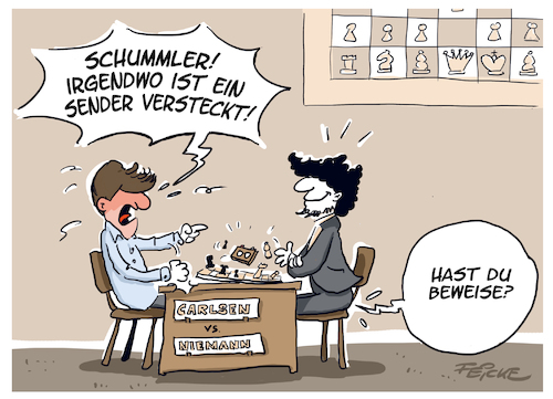 Cartoon: Carlsen vs Niemann (medium) by FEICKE tagged schach,weltmeister,magnus,carlsen,hans,moke,niemann,betrug,vorwurf,skandal,schach,weltmeister,magnus,carlsen,hans,moke,niemann,betrug,vorwurf,skandal