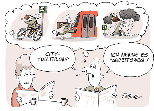 Cartoon: City Triathlon (medium) by FEICKE tagged hamburg,triathlon,city,iron,man,arbeit,arbeitsweg,öpnv,hamburg,triathlon,city,iron,man,arbeit,arbeitsweg,öpnv