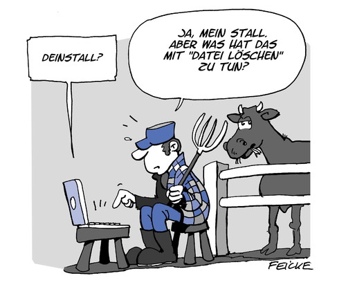 Cartoon: Deinstall (medium) by FEICKE tagged computer,pc,datei,löschen,deinstallieren,deinstall,befehl,nerd,landwirt,bauer,hof,bauernhof,computer,pc,datei,löschen,deinstallieren,deinstall,befehl,nerd,landwirt,bauer,hof,bauernhof