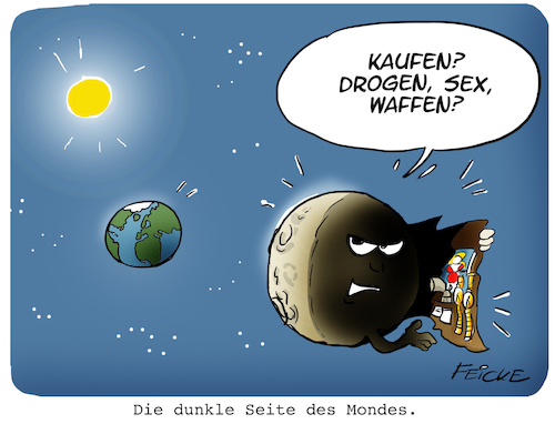 Cartoon: Die dunkle Seite des Mondes (medium) by FEICKE tagged mond,sonne,erde,planet,forschung,dunkle,seite,waffe,drogen,mond,sonne,erde,planet,forschung,dunkle,seite,sex,waffe,drogen