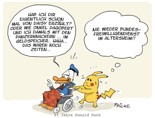 Cartoon: Donald Altersheim (medium) by FEICKE tagged donald,duck,pikachu,pokemon,walt,disney,comic,manga,generation,senioren,demografie,alter,jugend,donald,duck,pikachu,pokemon,walt,disney,comic,manga,generation,senioren,demografie,alter,jugend