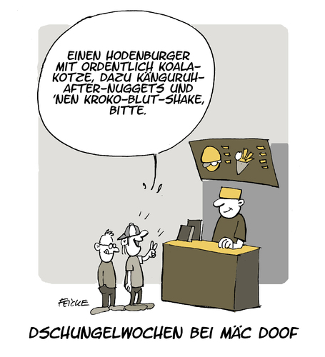 Cartoon: Dschungelwochen (medium) by FEICKE tagged dschungelcamp,rtl,jugend,fastfood,dschungelcamp,rtl,jugend,fastfood