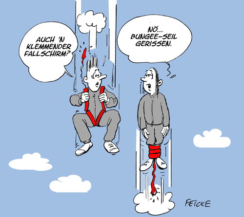 Cartoon: Fallschirm klemmt (medium) by FEICKE tagged fallschirm,bungee,treffen,freizeit,sport,extremsport,fallschirmspringen