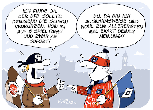 Cartoon: FCSP HSV Saisonverkürzung (medium) by FEICKE tagged hamburg,bundesliga,zwei,verein,hsv,sportverein,fc,sankt,pauli,fussball,fußball,dfl,dfb,aufstieg,fans,hamburg,bundesliga,zwei,verein,hsv,sportverein,fc,sankt,pauli,fussball,fußball,dfl,dfb,aufstieg,fans