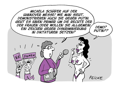 Cartoon: Femen in Hannover (medium) by FEICKE tagged femen,protest,hannover,messe,nackt,putin,merkel,diktatur,ukraine,russland,micaela,schäfer,femen,protest,hannover,messe,nackt,putin,merkel,diktatur,ukraine,russland,micaela,schäfer