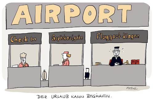 Cartoon: Fluggastklagen (medium) by FEICKE tagged flughafen,urlaub,streik,klagen,gericht,flughafen,urlaub,streik,klagen,gericht