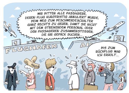 Cartoon: Flughafenchaos (medium) by FEICKE tagged flugreise,flug,flughafen,airpot,chaos,streik,absagen,flugreise,flug,flughafen,airpot,chaos,streik,absagen