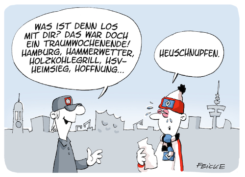 Cartoon: Hamburg Traumwochenende (medium) by FEICKE tagged hamburg,wetter,stadt,frühling,heuschnupfen,hsv,allergie,bundesliga,fußball,sportverein,hamburg,wetter,stadt,frühling,heuschnupfen,hsv,allergie,bundesliga,fußball,sportverein