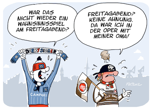 Cartoon: HSV FCSP Derby 2023 (medium) by FEICKE tagged hamburg,derby,bundesliga,zwei,verein,hsv,sportverein,fc,sankt,pauli,fussball,fußball,hamburg,derby,bundesliga,zwei,verein,hsv,sportverein,fc,sankt,pauli,fussball,fußball