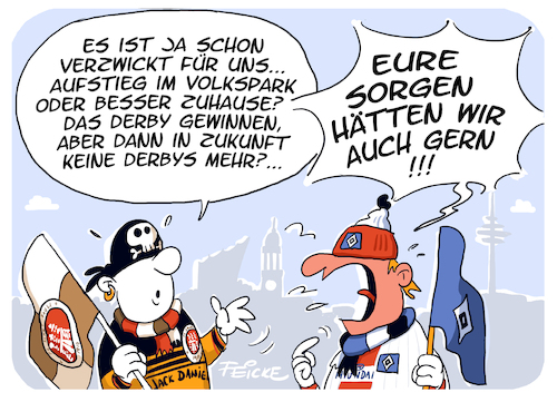 Cartoon: HSV FCSP Derby Fragen (medium) by FEICKE tagged derby,hamburg,bundesliga,zwei,verein,hsv,sportverein,fc,sankt,pauli,fussball,fußball,derby,hamburg,bundesliga,zwei,verein,hsv,sportverein,fc,sankt,pauli,fussball,fußball