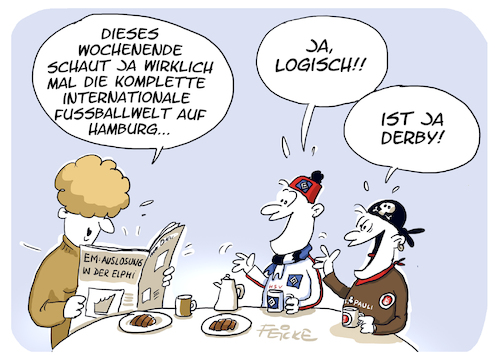 Cartoon: HSV FCSP Derny und EM Auslosung (medium) by FEICKE tagged em,europameisterschaft,auslosung,national,mannschaft,hamburg,bundesliga,zwei,verein,hsv,sportverein,fc,sankt,pauli,fussball,fußball,dfl,dfb,aufstieg,witze,relegation,em,europameisterschaft,auslosung,national,mannschaft,hamburg,bundesliga,zwei,verein,hsv,sportverein,fc,sankt,pauli,fussball,fußball,dfl,dfb,aufstieg,witze,relegation